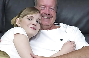 Sexy blonde bends recklessness to obtain fucked by grandpa big cock
