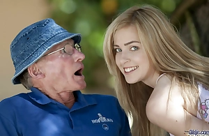Lovely teen sucks grandad outdoors with the addition of she swallows it all