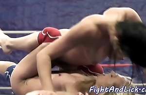 Wrestling lesbos wipe the floor with wringing wet pussies
